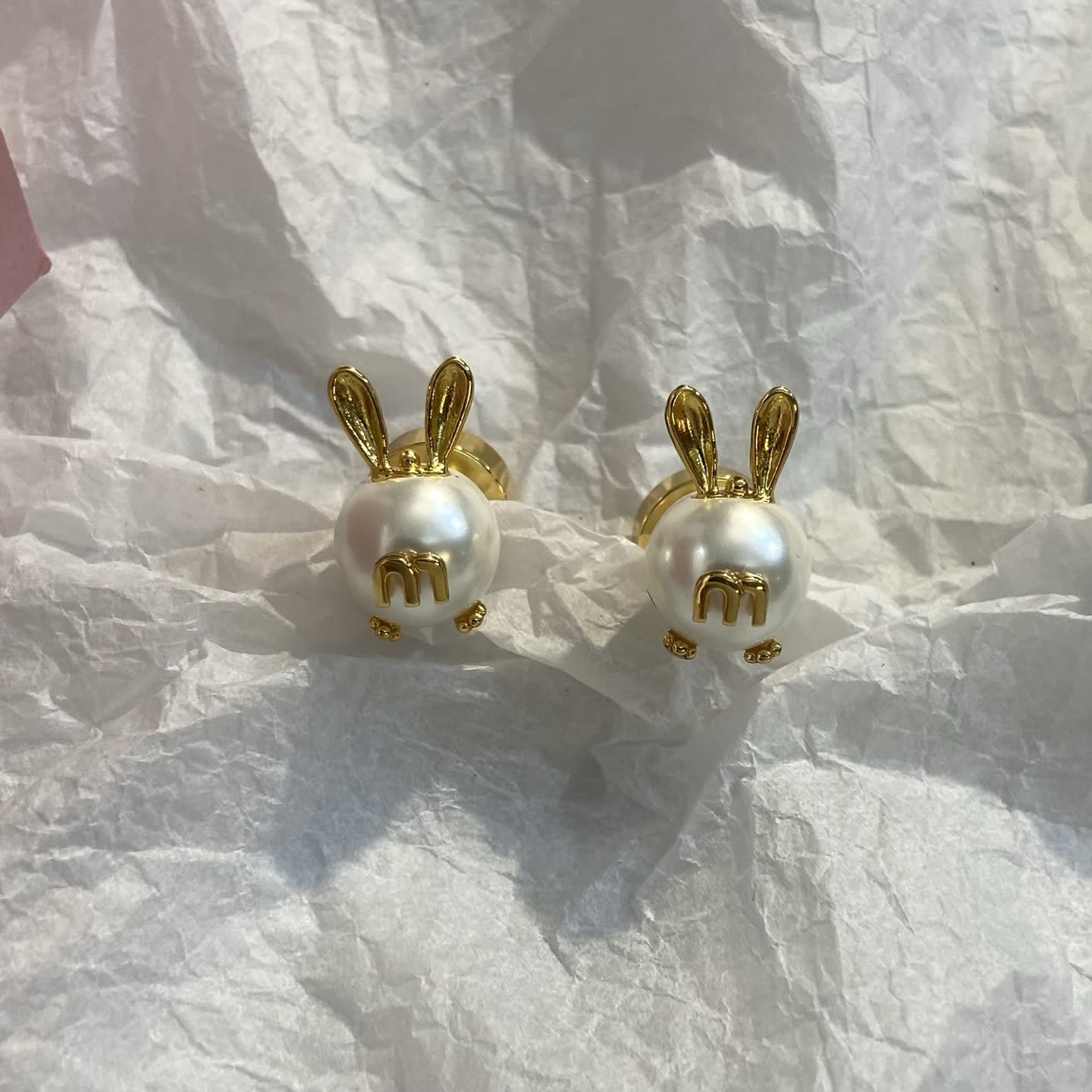 Miu Miu Gold Rabbit Pearl Stud Earrings